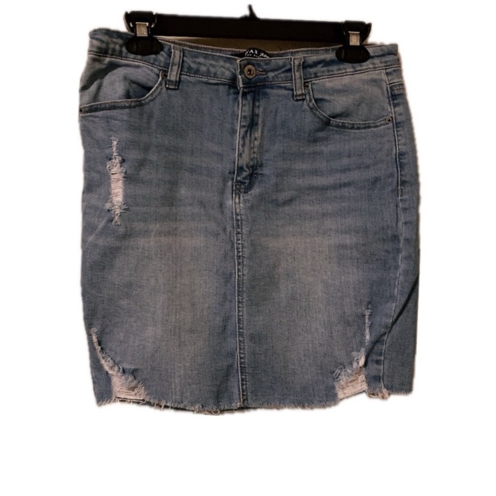 Wax Jean Denim Pencil Skirt with Distressed Details